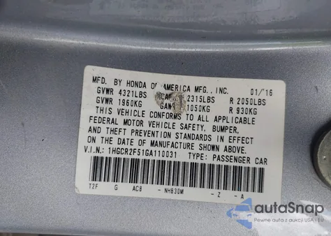 2016 Honda Accord Sport from USA, damaged, VIN 1HGCR2F51GA110031